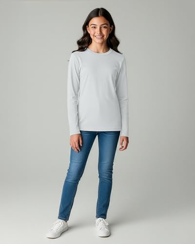 Image of Real Essentials 4 Pack: Girls' Cotton Long Sleeve Crew Neck T-Shirt - Athletic Tee Shirt for Teens Kids Youth (Ages 4-16)