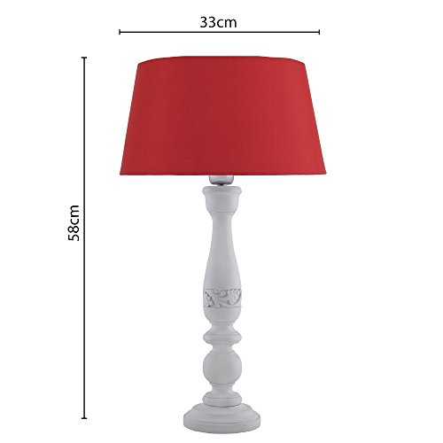 Image of Homesake Handcrafted Wooden Table Lamp for Bedroom & Living Room | Decorative Bedside Reading Lamp with Fabric Shade, E27 Holder | Bulb Included | White Floral Carved Base for Home Decor, Red