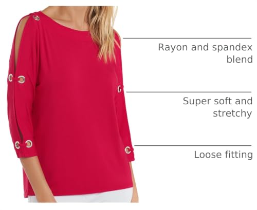 Image of Cable & Gauge Womens 3 /4 Dolman Sleeve Boatneck Cold Shoulder Top with Grommet Detail