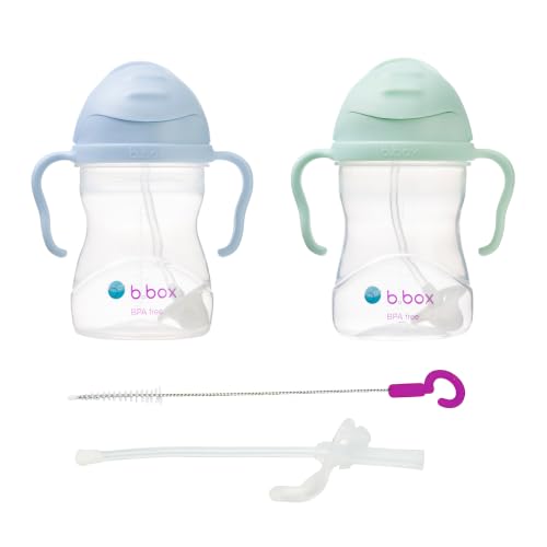 b.box Trinklernbecher 2er Pack mit Ersatzstrohhalme und Reinigungsbürste | Flip-Top Schwerer Strohhalm Griff Auslaufsicher | BPA-Frei & für Spülmaschine | Ab 6 M | 2 x 240 ml