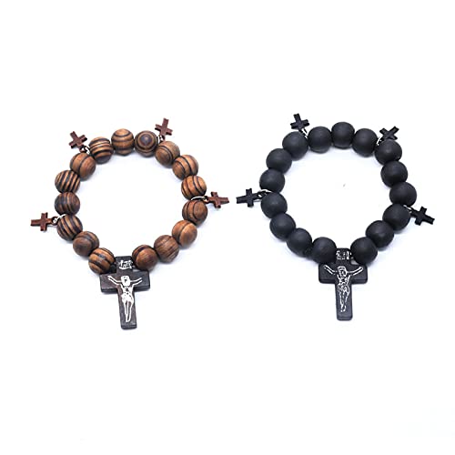 COLORFUL BLING Pulsera religiosa de 10 mm con cuentas de madera de cruz para hombres y mujeres, oración de fe, hecha a mano, joyería católica, 10MM, Madera, madera