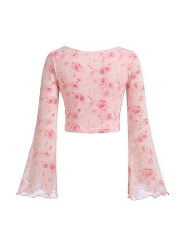 Milumia Girl's Floral Print Bowknot Bell Sleeve Crop Tops Square Neck Ruched T Shirts2