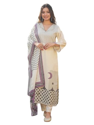 Image of Women's Muslin Geometric Wave Print Off White Straight Kurta & Pant Set with Dupatta | Shirt Collar V-Neck 3 /4 Bell Sleeve Crescent Print | Salwar Suit Set | Kurta Sets for Women