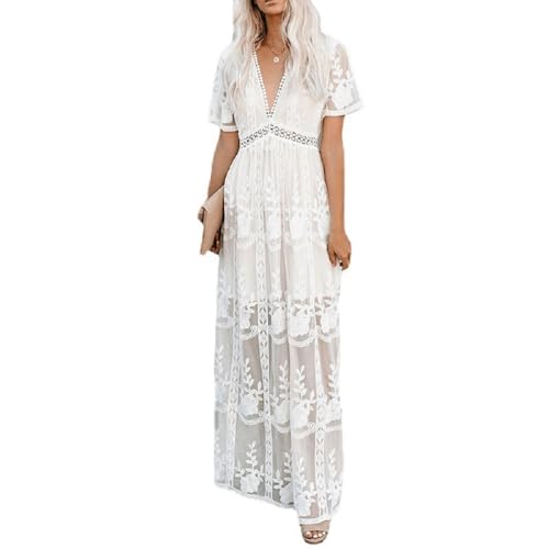 Women's Lace Maxi Dresses Deep V Neck White Ankle-Length High-Waisted Bridesmaid Dresses Summer Beach