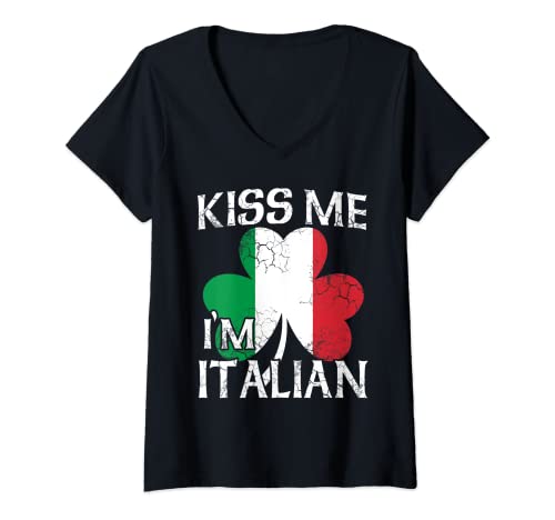 Donna Kiss Me I'm Italian Italia Giorno di San Patrizio Irlandese Vintage Maglietta con Collo a V
