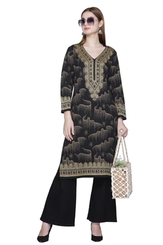 Image of REBECCA Women's Winter Woolen Kurti Jacquard Straight Fit Ethnic Wear with 2 Side Pockets