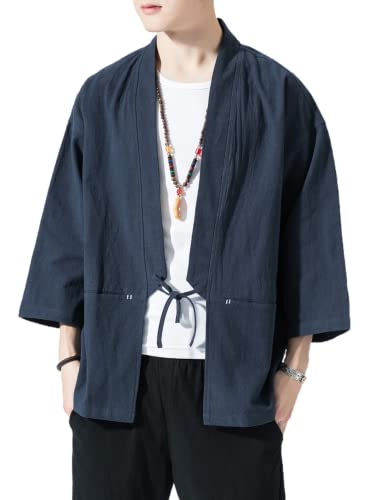 Image of Men's Japanese Kimono Cardigan Loose Cotton Linen 3 /4 Sleeve Open Front Casual Summer Shirt Jackets