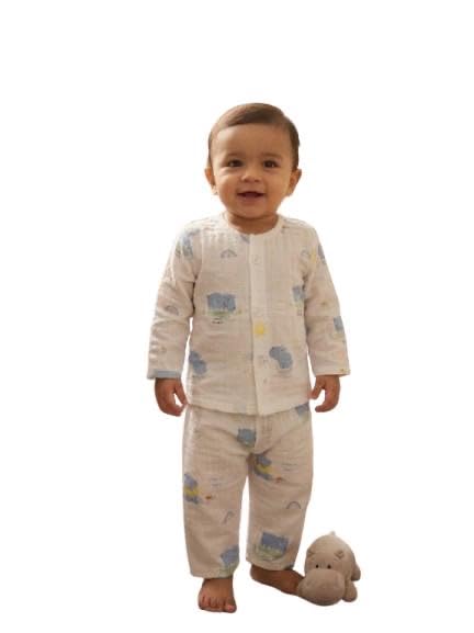 Muslin Baby Night Suit, Soft Breathable Cotton Pajama Set for Boys & Girls, Long Sleeve Button Front Sleepwear with Blue Bear Print-picture-15