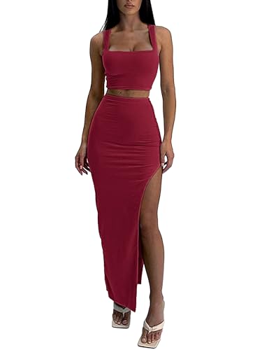 Image of ELLEVEN Two Piece Maxi Skirt Sets for Women, Square Neck Tank Tops with High Side Slit Dress Sets Summer Outfits