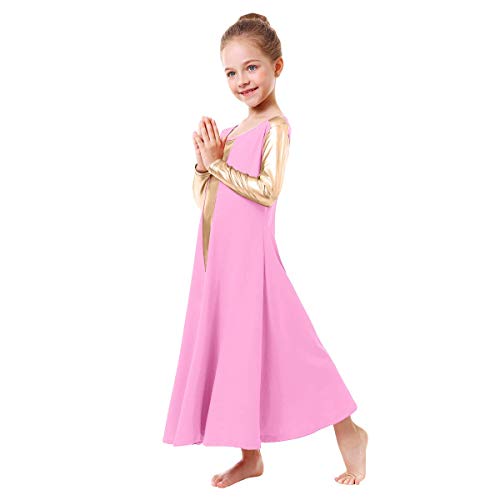 IBAKOM Girls Metallic Gold Color Block Liturgical Praise Dance Dress Loose Fit Full Length Ruffle Tunic Skirt Worship Costume Dancewear Celebration of Spirit Costume Pink-Gold 13-14 Years