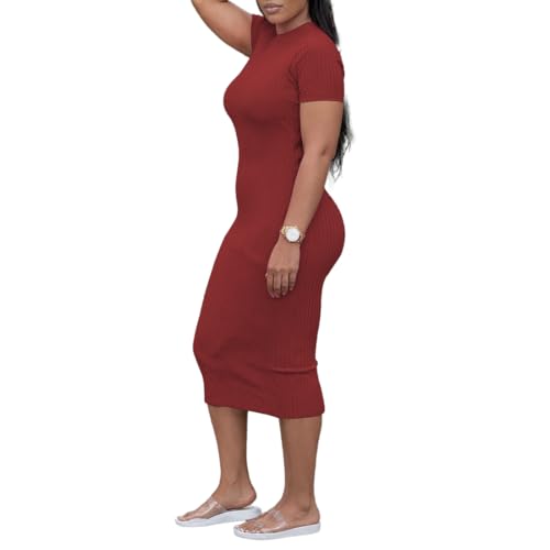 Image of TOPSRANI Women Sexy Midi Dress Bodycon Casual Sleeveless Basic Ruched Tank Summer Club Party Dresses