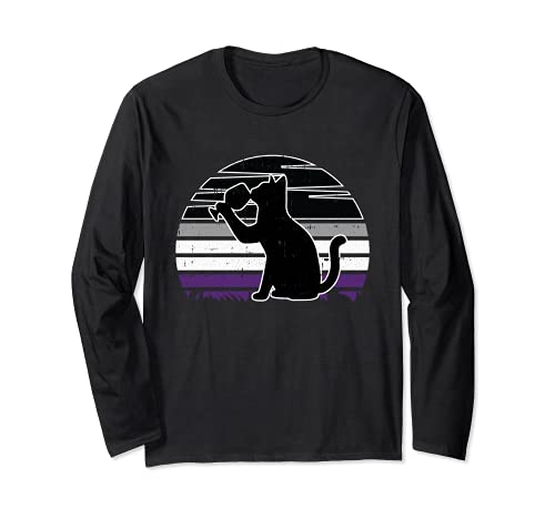 Cat And Wine Asexual Pride Retro Drinking LGBT-Q Ally Ace Long Sleeve T-Shirt, Black