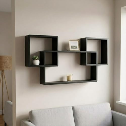 Image of Modern Geometric Floating Wall Shelf - Wall Mounted Decorative Display Shelves for Living Room, Bedroom & Office | Wooden Wall Shelf for Home Decor, Books, Plants & Showpieces (Black)