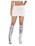 Floerns Women's Y2k Mini Skirts Fuzzy Mid Waist Date Night Party Bodycon Skirts White Medium