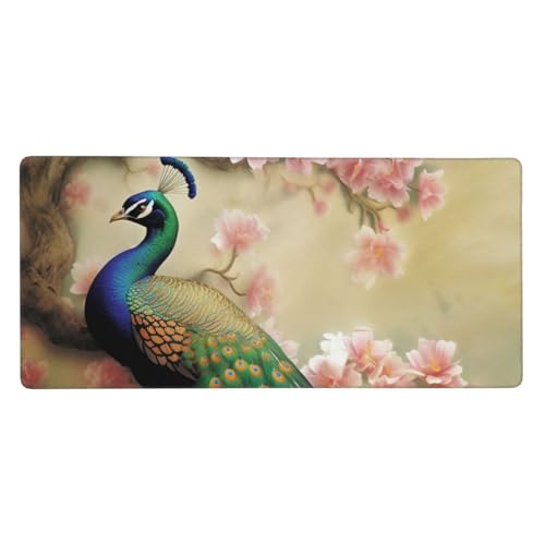 大型デスクマット 35.4×15.7インチ 拡張ゲーミングマウスパッド XXL フラワーツリーのオリエンタルピーコック キーボードマット ロングマウスパッド デスクデコレーション ライティングパッド デスクトップマット ノートパソコンマウスパッド オフィス