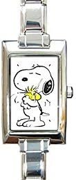 Snoopy and Woodstock Rectangular Italian Charm Watch with Stainless Steel 16 Link Wrist Strap Peanuts Charlie Brown