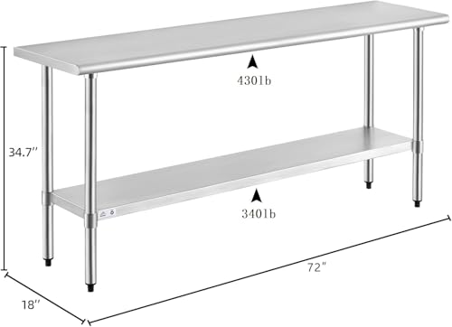 Image of ROCKPOINT Stainless Steel Table for Prep & Work 18x72 Inches, NSF Metal Commercial Kitchen Heavy Duty Table with Adjustable Under Shelf and Table Foot for Restaurant, Home and Hotel