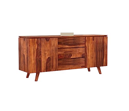 Image of Solid Sheesham Wood Wooden Sideboard Storage Cabinet : Ideal for Living Room and Bedroom with 3 Drawers and 2-Shelf Storage (Honey Finish)