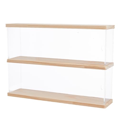 SUPERFINDINGS Soporte de Exhibición de Acrílico Vitrina de 2 Nivel para Figuras Funko Pop Caja de Almacenamiento de Vitrina de Madera para Colecciones Soporte de Exhibición 39.5x9.7x27.45 cm