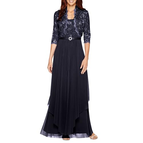 R&M Richards Womens Sequin Lace Long Jacket Dress - Mother of The Bride Dress (Navy, 10)