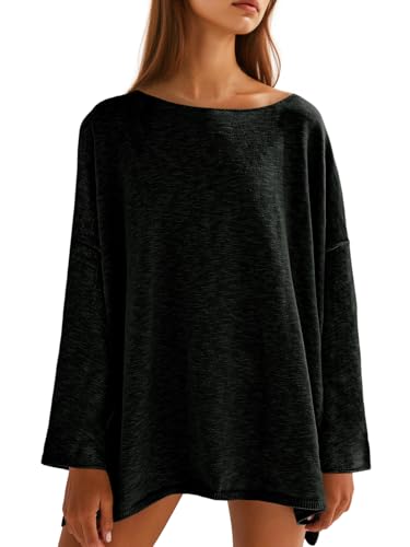 Tankaneo Womens Long Sleeve Shirts Oversized Lightweight Sweaters Crewneck Side Slit Hem Casual Blouse Tunic Tops Black