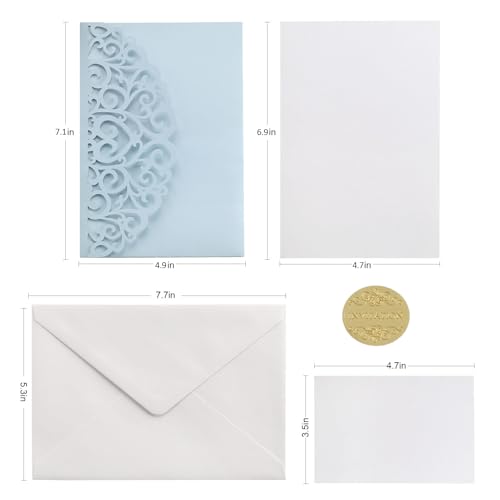 Wedding Invitations with Envelopes and RSVP Cards, Light Blue Laser Cut Invitation Pocket Blank Invitations with Envelopes and Stickers, Bridal Shower Card Birthday Party Invites Custom 50 PCS by AdasBridal - Image 8