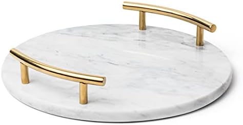White Marble Tray with Gold Handles - Marble Perfume Tray for Vanity - Round Decorative Tray (Round, White)