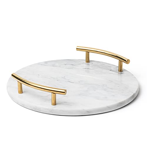 White Marble Tray with Gold Handles - Elegant Solid Marble - Chic Modern Elegant Round Vanity Tray for Bathroom by ATP MODERN - Used condition - US$34.58