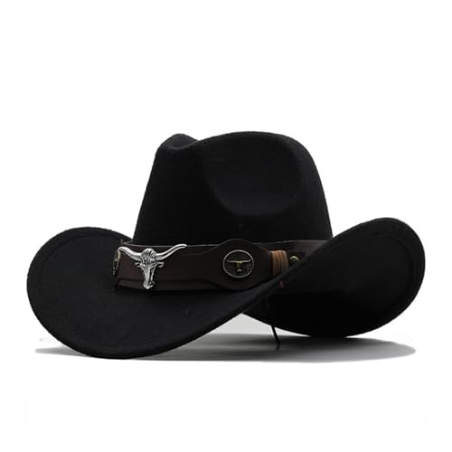 T Shirt Western Denim Curved Top Hat Wollhut mit große ala im Stil eines British Jazzhhut Cowboy Damen Gürtel, Negro , M