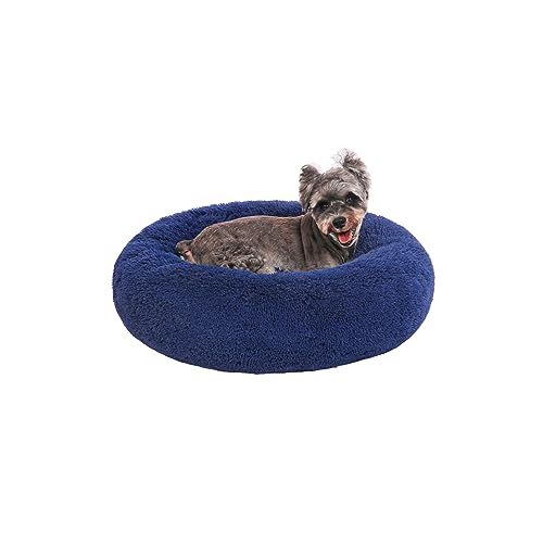 PuppyPalace 23" Calming Dog Bed,Anti Anxiety Donut Dog Bed,Plush Round Pet Beds for Small Dogs,Fluffy Faux Fur Cat Bed,Washable Cuddler Dog Bed(Dark Blue,Small)