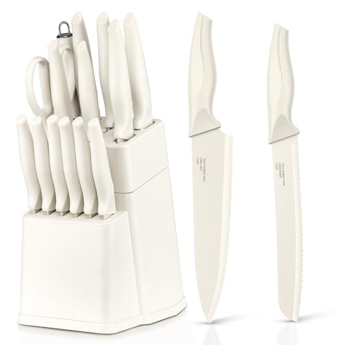 Herogo Messerblock mit 15 Messerset und Wetzstahl, Premium Edelstahl Küchenmesser Set mit hohem Kohlenstoffgehalt, Gezacktes Steakmesser, Antihaftbeschichtung zum Hacken und Schneiden, Weiß