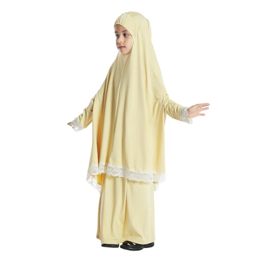 Image of Kids Girls Abaya Muslim Full Cover Lace Hijab Dress Kaftan Dubai Islamic Prayer Dress, 2pcs Set