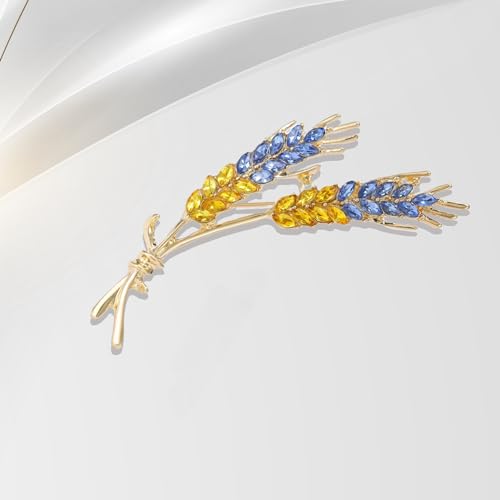Image of Wheat Brooch Pin Blue Yellow Rhinestones Plant and Flower Suit Lapel Pins for Women Men Jewelry Gift (Upper Blue+Lower Yellow), 2.6*0.43*1.0in
