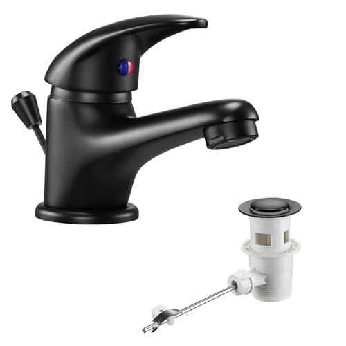 Robinet de salle de bain avec tirette de vidage - Mini robinet de lavabo à levier unique - Noir - Mitigeur monocommande - Avec bec - Hauteur du bec : 45 mm - Pour...