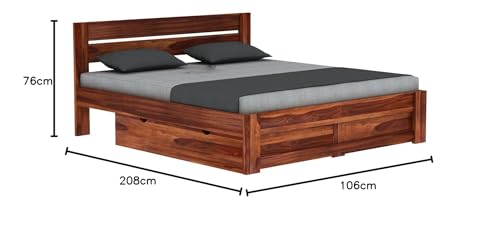 Image of MURARAKA ARTWooden Queen Size Cot with Drawer Storage - Solid Wood Queen Bed - Cot Akka Bed - Stylish Bedroom Furniture (Queen, Denzel, Honey Finish)