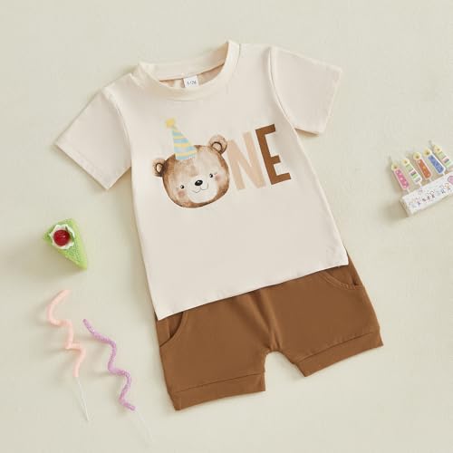 Baby Boy First Birthday Outfit Short Sleeve Bear Print Shirt Shorts Sets Cake Smash Clothes 2Pcs2