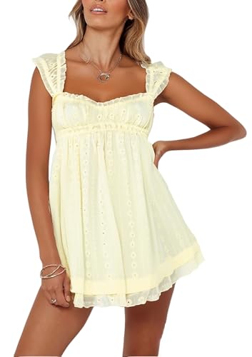 Women Sleeveless Mini Sundress Floral Embroidery Elastic Waist Aline Dress Square Neck Babydoll Short Dress (A221 Light Yellow S)