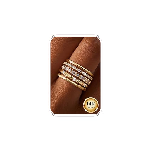 Kakonia 5Pcs Bague Femme Argent Or 14K Plaqué Bague Fiançailles Zirconium Femme Empilables Knuckle Mariage Promesse Alliance Bagues Bijoux G4-6