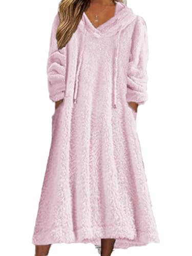 Women's Fuzzy Hooded Sweatshirt Dresses Sherpa Fleece Long Sleeve Hoodies Pullover Robes Plush Fluffy Granular Oversized Nightgown Dress 2024 Fashion Casual Hooded Lounger for Women Pink