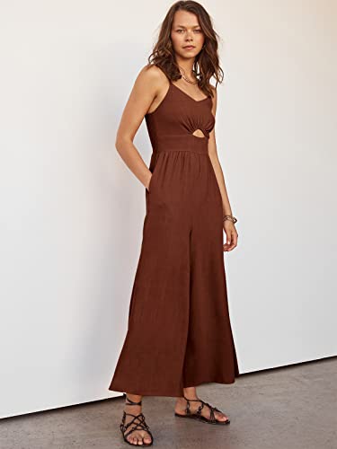 Anrabess Women's Summer Spaghetti Straps V Neck Cutout Smocked High Waist Wide Leg Jumpsuits Rompers With Pockets 501Jiaotang-S #TOP6
