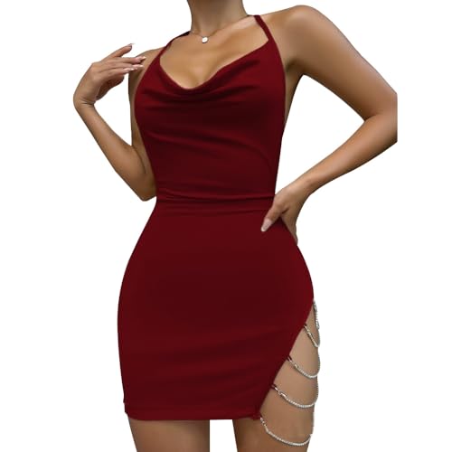 SDFWGG Sexy Rückenfreies Neckholder Babydoll mit Tiefem V Ausschnitt Verführerisches Nachthemd Corsagenstil und Seitenschlitz für romantische...