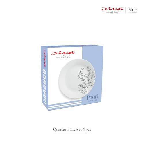 Image of La Opala Diva Pearl Collection Opal Glass Crockery | Quarter Plate Set of 6 | Silky Cluster Design | for Snacking & Gifting | Microwave Safe | 100% Vegetarian | Extra Strong | Light & White