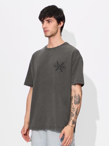 Image of The Souled Store Official Deadpool: Miss Me? Men and Boys Short Sleeves Round Neck Grey Graphic Printed Cotton Oversized T-Shirts