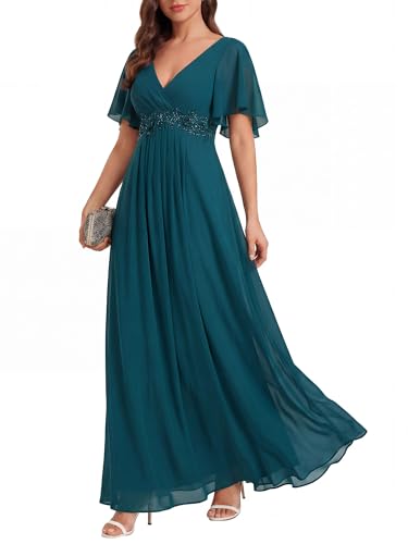 Image of Ever-Pretty Womens V Neck Applique Mother of the Bride Dresses Formal Dress | Chiffon, Short Sleeves, Ruched, A-Line, Bridesmaid Dresses, Formal Gown, Black Tie Dress