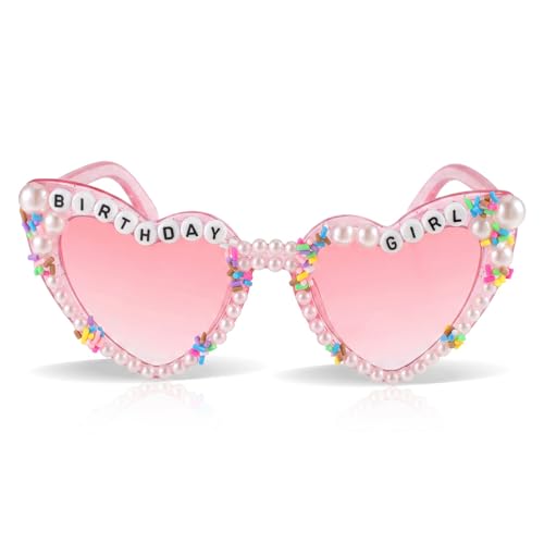 Ajcotahm Heart-Shaped Birthday Girl Sunglasses Pink Happy Birthday Girl Glasses Pearl Birthday Party Glasses for Women Girls