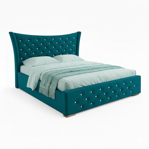 Image of Pearl Upholstered Queen Size Bed with Box Storage for Bedroom | Elegant Wooden Double Bed with Storage | Platform Cot Palang with Tufted Headboard | 6.5 x 5 Ft, Sheesham Wood, Light Blue