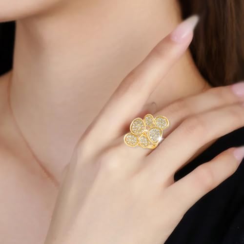 14K Yellow Gold Plated Statement Rings Engagement Ring Wedding Ring Promise Ring for Women Thick Big Shiny Clover/Bow/Clustered Colorful Cubic Zirconia Eternity Bands2