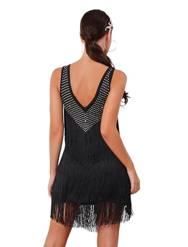 AGYMNX 20er Jahre Fransen Kleid Damen Gatsby Strass Lagen Fransenkleid Vintage 1920s Ärmellos Elegant Latein Tanzkleid Kurz Runder Ausschnitt Samba Kleid Black M