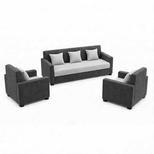 Image of FURNY Lexon 3 Seater + 1 Seater + 1 Seater Fabric Sofa Set (Dark Gray-Light Gray) with Velvet Finish | Durable Comfort | Ideal for Living Room