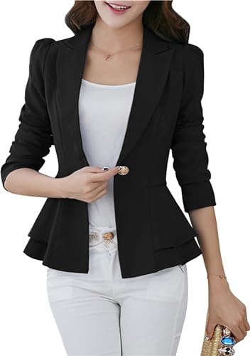 Women Notch Lapel Slim Blazer Plain Long Sleeve Office Jacket Peplum Hem One Button Coat